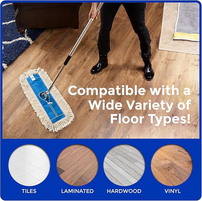 Nine Forty 18" Premium Cotton Dust Mop Kit - Heavy Duty Mop Head with Handle for Industrial, Commercial, and Residential Cleaning - Dry Floor Duster for Hardwood Surfaces - White