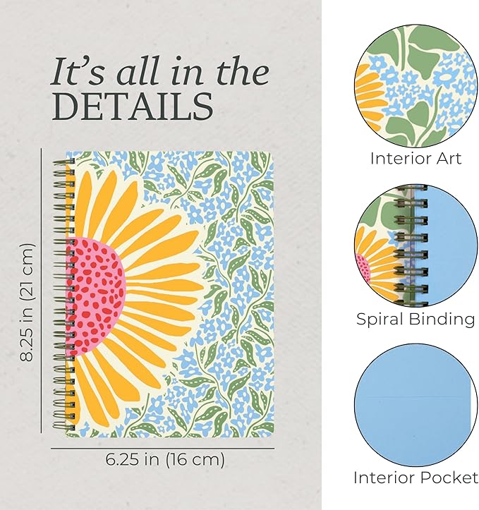 Steel Mill & Co Cute Mini Spiral Notebook, 8.25" x 6.25" Journal with Durable Hardcover and 160 Lined Pages (Sunflower)