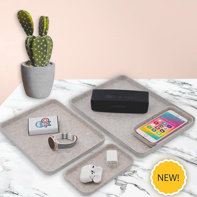 Welaxy EDC Catchall Desk Organizer felt DND Dice Rolling Tray stylish nightstand Entryway Bedside Caddy for Keys Phone Wallet Watch Glasses Pens Office Minimalist 4-piece (Oatmeal)