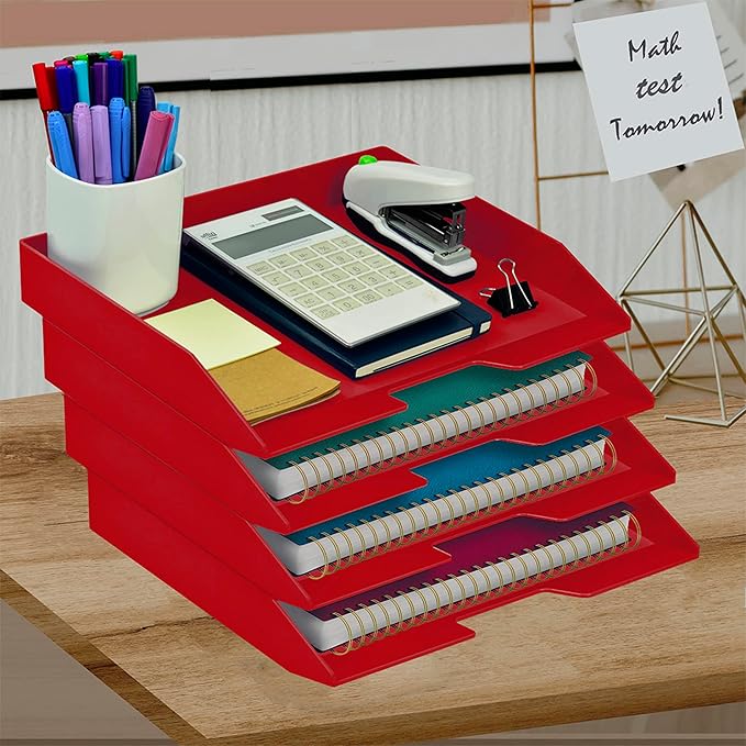 Acrimet Stackable Letter Tray 4 Tier Side Load, Plastic, Desktop File Organizer (Solid Red Color)