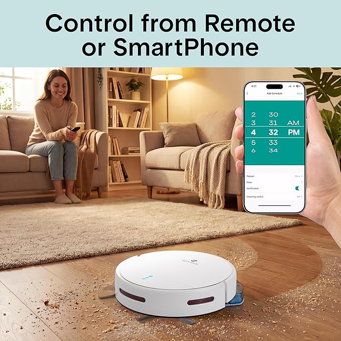 SereneLife Smart Robot Vacuum Cleaner and Mop Combo, App Control, 3 Cleaning Modes, Anti-Fall Sensors, Self-Charging, High Suction Ideal for Pet Hair, Carpet and Hard Floors, White