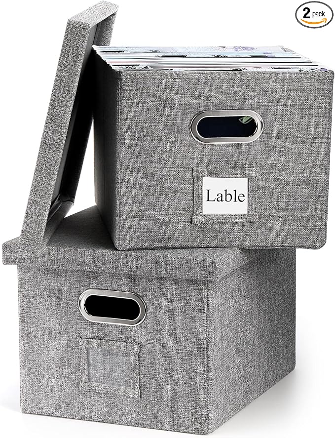 Hedume Set of 2 File Organizer Box, Collapsible Linen Filing Cabinets, Decorative Linen Filing Storage Hanging File Folders with Lids and Durable MDF Board, Space Saving File Folder Storage