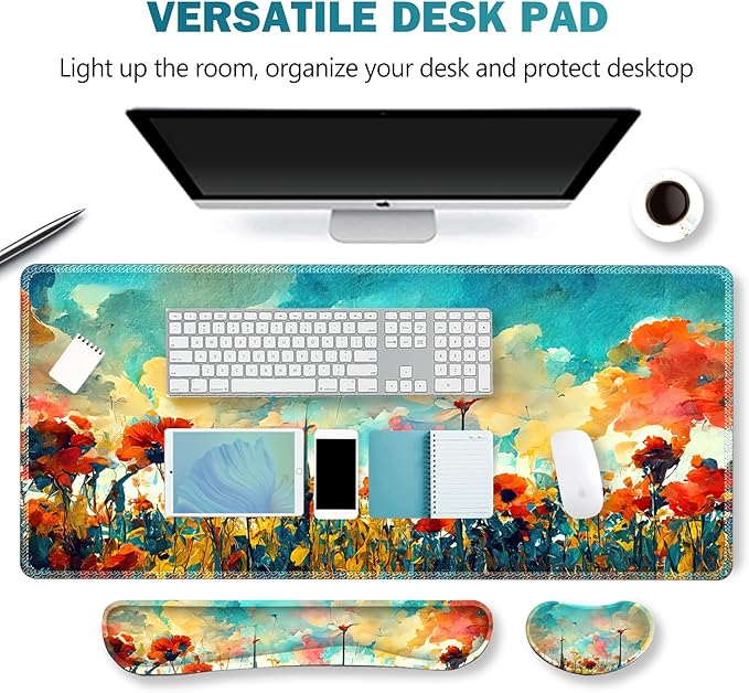 ARTSO Gaming Mouse Pad Wrist Support Set, XXL Large Desk Mat Mousepad + Keyboard Wrist Support+ Mouse Wrist Rest+Coaster 4in1 Ergonomic, Stitched Edge for Home Office -Oil Painting Flowers Plants