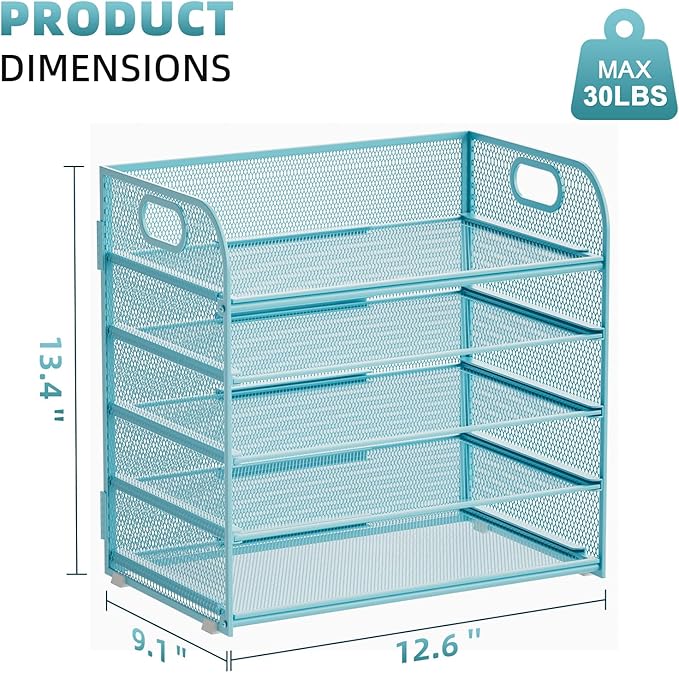 Marbrasse Paper Organizer Letter Tray, 5 Tier Mesh File Organizer with Handle, Paper Sorter Desk Organizer for Home Office Supplies - Blue