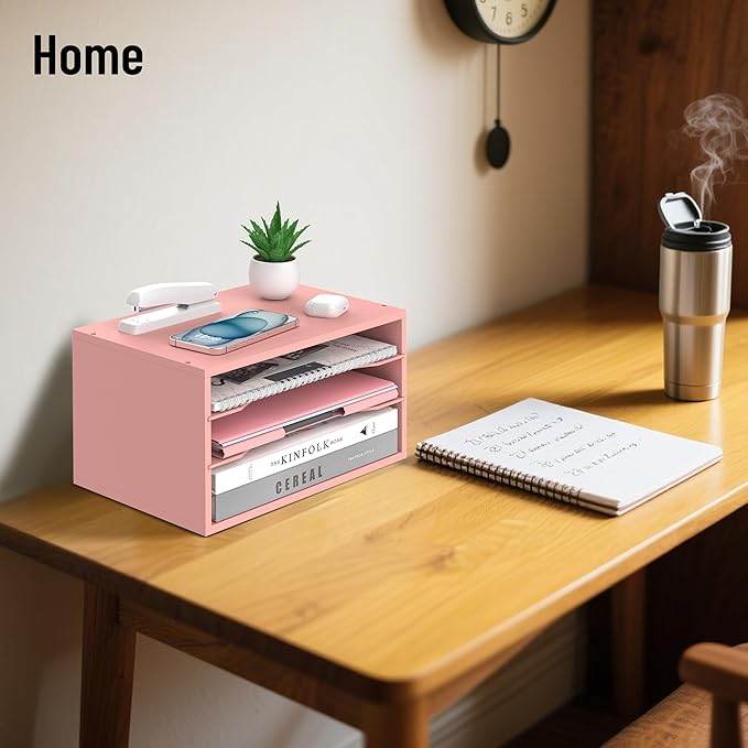 Wood Desk Organizer, 3 Tier Paper Tray Organizer for Desk with Adjustable Storage Shelves, Desktop Paper Sorter Mail Holder for Office Home Classroom, Pink