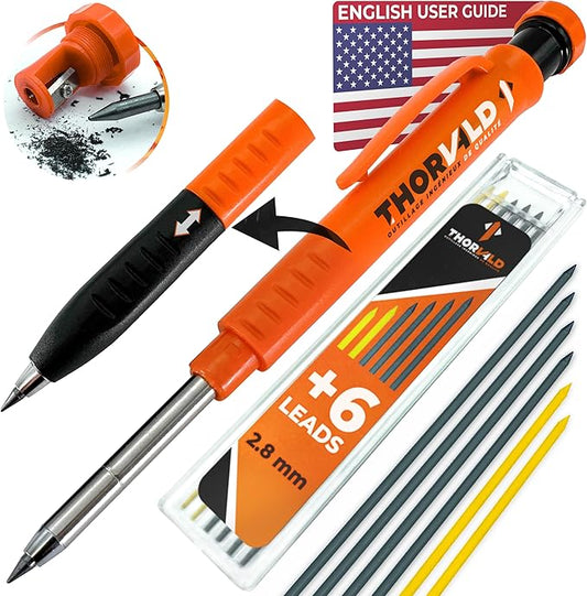 THORVALD New 2-in-1 Carpenter Pencils with Finger Grip for Construction - Incl. 7 Leads + Sharpener - Solid Mechanical Pencils with Fine Point/Best Marking tools Construction/Carpenters/Scriber