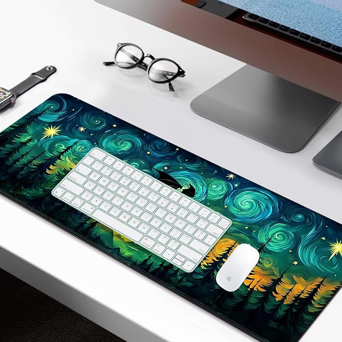 Fantasy Starry Night Forest and Dragon Gaming Desk Mat, Computer Keyboard Large Extended Long Mouse Pad for Office and Home, XL (W05)