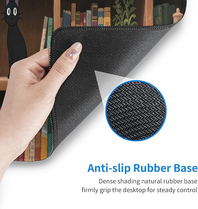 Bookshelf Cat Green Plants Large Mouse Pad, Anime Style Gaming Desk Mat, XL Keyboard Desk Pad Mat for Desktop, 31.5"x11.8" Non-Slip Base Big Mousepad with Stitched Edges