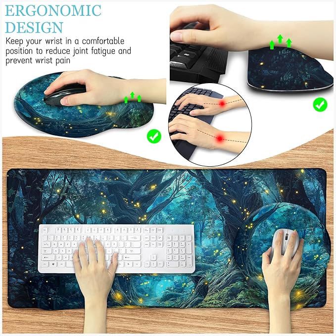 Ergonomic Mouse Pad Set Large Desk Matt for Desktop, Gaming Mouse Pad Wrist Rest Keyboard Mat Cup Coaster Set Cute Office Desk Decor Accessories for Women, Firefly Forest