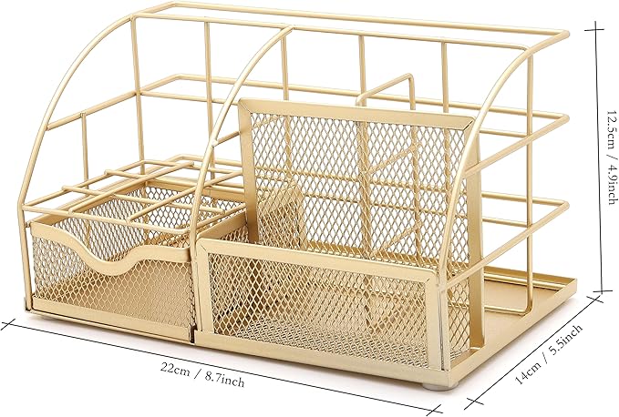 Exerz Desk Organizer Golden Office Desk Accessories Supplies Office Storage Desktop Pencil Pen Holder with Drawer Home Workspace