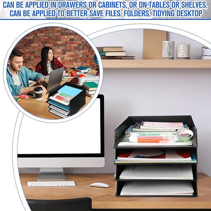 Wenqik 4 Pcs Stackable Paper Trays Rectangular Plastic Desk Holder Desktop Document File Organizer Storage Letter for Office Classroom (Black)