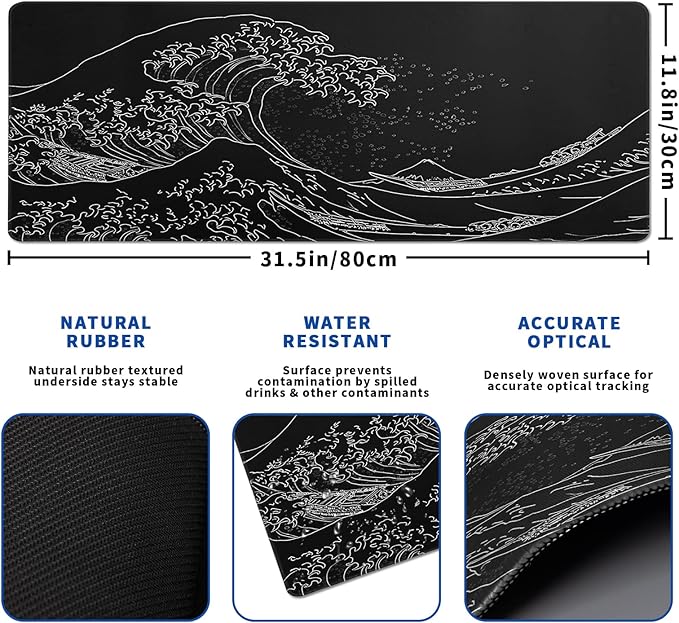 Japanese Gaming Mouse Pad Abstract Black Mouse Pad 31.5x11.8 Inch Black Sea Wave Texture Non-Slip Rubber Base Large Ocean Mousepad Stitched Edges Keyboard Mouse Mat Desk Pad for Office and Home