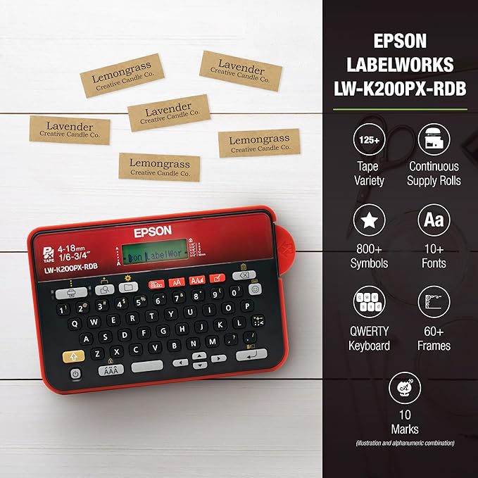 LABELWORKS Epson LW-K200PX Red Printer & Tapes Bundle - Label Maker and Red Label Tapes