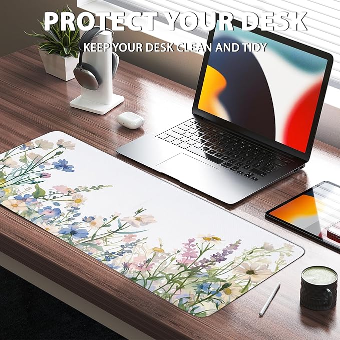 Flower Mouse Pad Large, Gaming Mousepads, Full Bloom ElegantFloral Computer Desk Pad with Stitched Edges Non Slip, Birthday Gifts for Women, Desktop Decor Mat for Keyboard and Mouse 11.8”x 31.4” XL