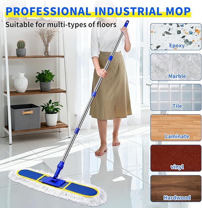 29.5" Commercial Dust Mop for Floor Cleaning,Heavy Duty Floor Duster with 2 Cotton Reusable Mop Pads,61” Long Handle Wet Dry Flat Mops for Hardwood Floors,Marble, Laminate,Tile,Concrete,Garage (Blue)