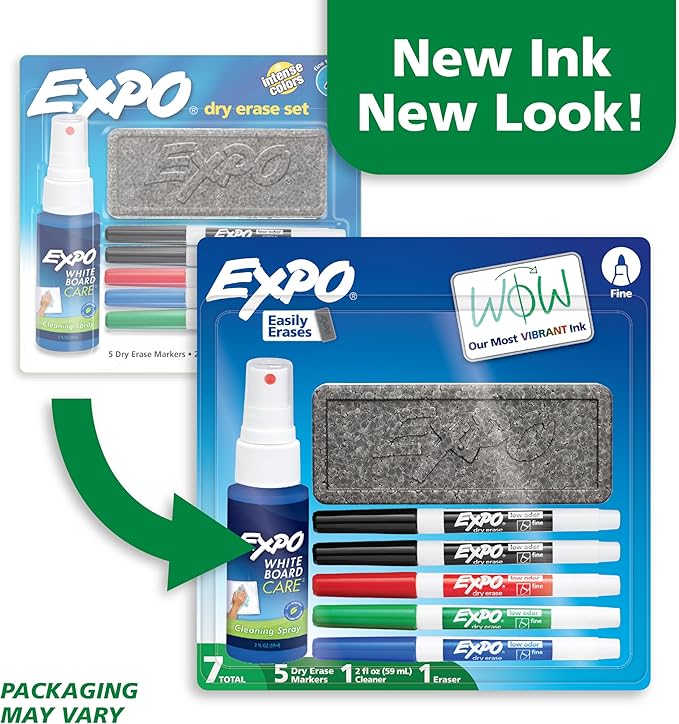 EXPO Dry Erase Markers Kit, Fine Tip, Assorted Colors, Eraser, Spray Cleaner, 7 Count