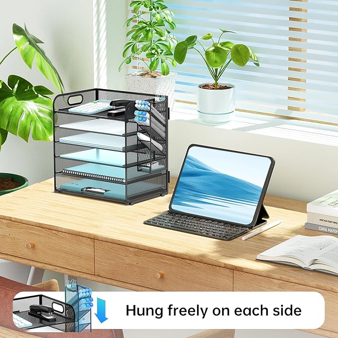 SUPEASY 6 Tier Desk Organizer with 4 Pen Holders, Mesh Paper Organizer Letter Tray with Handle, Desk Organizer Tray File Organizer for A4 File Folder, Black