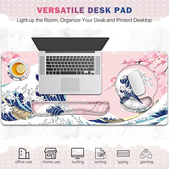 Gaming Mouse Pad, Large Desk Mat, Cute Desk Pad Protector, Pink Cherry Blossoms XXL Mousepad + Keyboard Wrist Rest+Mouse Wrist Rest+Coaster Set with Ergonomic Desk Pad, Japanese Wave of Kanagawa
