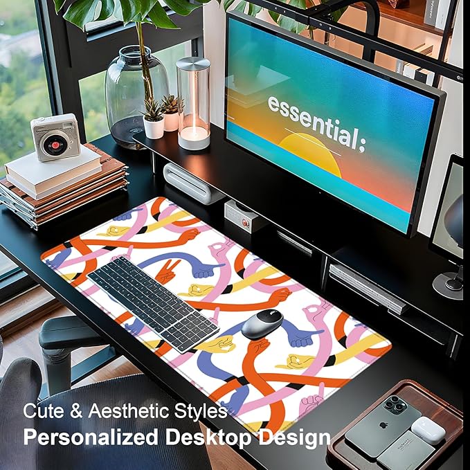 Large Desk Mat, Desk Matt for Desktop, Computer Gaming Mouse Pads, Anti-Slip Rubber Base, Stitched Edges Soft Mat for Desktop Office Home 31.5 x 11.8 Inches (Abstract Gesture Lines)