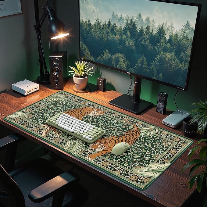 HAOCOO Large Gaming Mouse Pad, Desk Protector Mat with Stitched Edges, Non-Slip Keyboard and Mouse Pad, 35.4" x 15.7" Green Desk mat for Gamer, Water Resistant Mouse Pad Work from Home