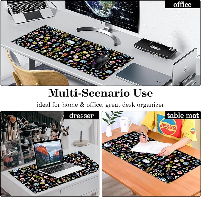 Flower Pad Protector, Floral Stitched Edges Mouse Pad, Large Office Mat, Non-Slip Desk Blotter, Laptop Desk Pad, Writing Pad for Office and Home (31.5" x 15.7")