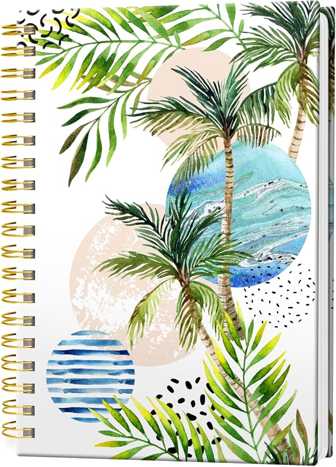 Spiral Journal Notebook, Hardcover Lined Journal for Women, Medium 6 x 8.4 in, 120 Pages Thick Paper, College Ruled Notebook for Writing, Work, Office, and School,Watercolor Palm Trees
