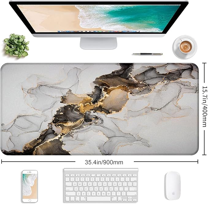Large Extended Gaming Mouse Pad with Stitched Edges, Non-Slip Waterproof Rubber Base Mouse Pad for Office, Computer, Keyboard, Laptop and Home Desk Pad 35.4 x 15.7 x 0.12 Inch (Marbling)