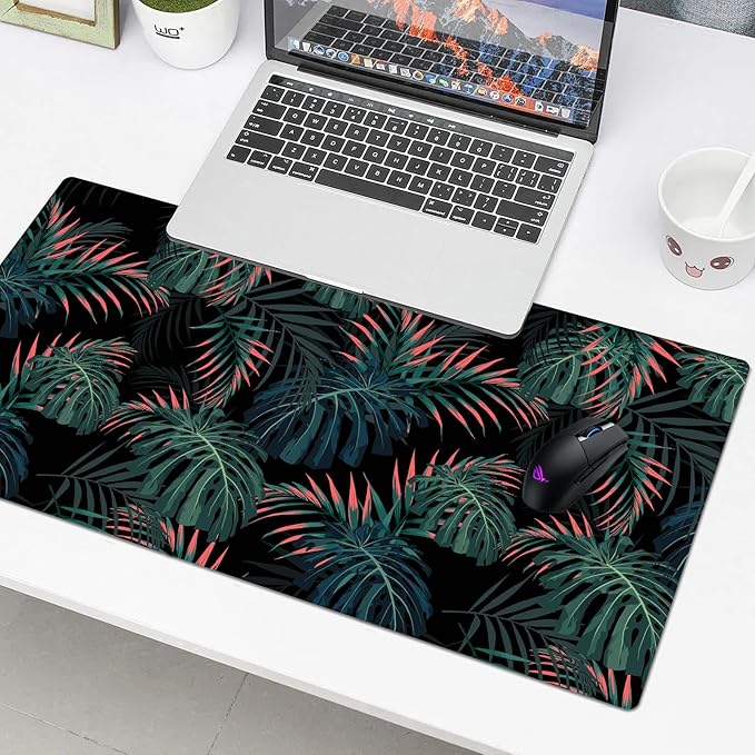 Gaming Flowers Plants Background Pattern Desk Mat Black Background Large Extended XXL Non-Slip Laptop Computer Mouse Pad (31.5" x 15.7")