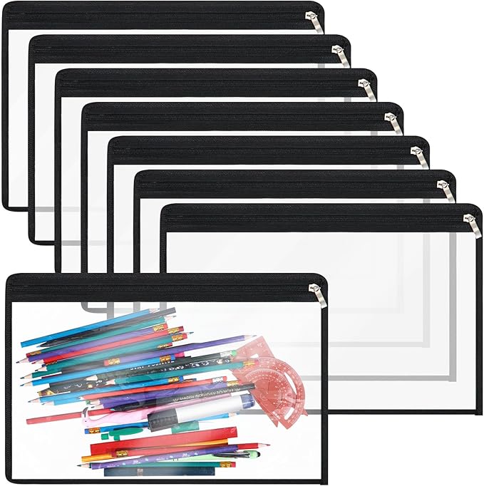 Outus 8 Pcs Clear Zipper Pouches Pencil Pouches PVC Makeup Pouch Envelopes Folder Storage Multi Purpose Pouch Document File Organization Bags, Office Supplies (Black Edging,15.3 x 10.8 Inch)