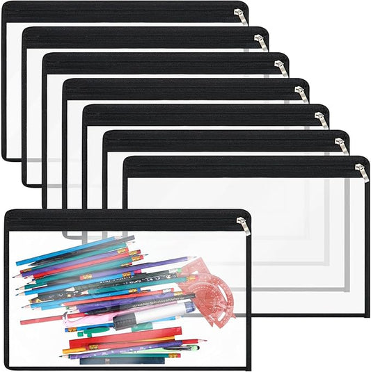 Outus 8 Pcs Clear Zipper Pouches Pencil Pouches PVC Makeup Pouch Envelopes Folder Storage Multi Purpose Pouch Document File Organization Bags, Office Supplies (Black Edging,15.3 x 10.8 Inch)