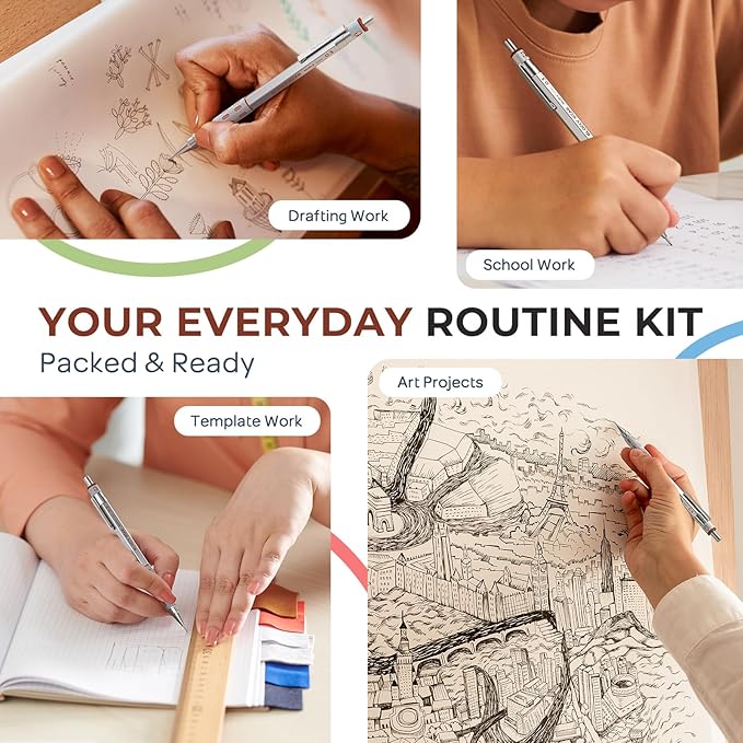 Nicpro Blocky Gear 0.3 mm Mechanical Pencils Set in Case, Metal Pencil with Lead Refills, Eraser for Professional & Adult Art Writing Drafting Drawing