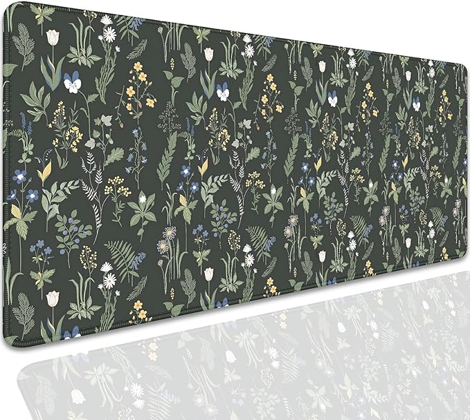 Green Plants Flowers Desk Pad Mouse Pad,Large Floral Mouse Mat with Stitched Edges,Non-Slip Rubber Base Elegant Mousepad for Office PC Keyboard Laptop and Home Work Desk Mat(27.5X11.8 in)
