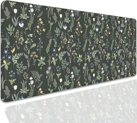 Green Plants Flowers Desk Pad Mouse Pad,Large Floral Mouse Mat with Stitched Edges,Non-Slip Rubber Base Elegant Mousepad for Office PC Keyboard Laptop and Home Work Desk Mat(27.5X11.8 in)