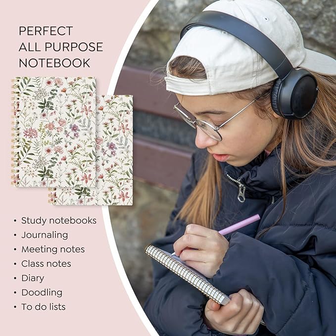 Floral Journal Notebooks, Girly Aesthetic College Ruled Notebooks for Note Taking, Cottagecore Botanical Floral Journal Journaling, Spiral Notebook 5.5x8.3