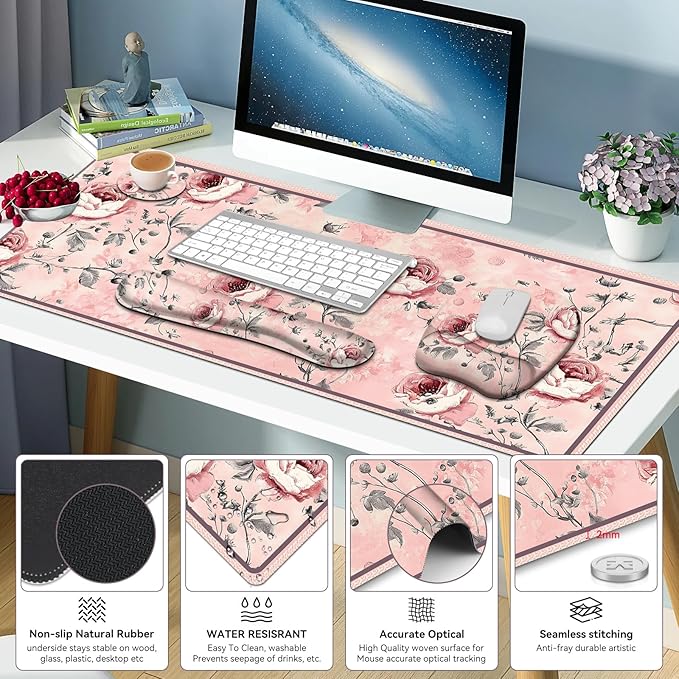 4 in 1 Large Mouse Pad, Keyboard Wrist Rest Set, Ergonomic Mouse Pad with Wrist Support, Desk Mat with Stitched Edges Extended Desk Pad Waterproof Desk Mat for Home Office Game I Pink Rose Flowers