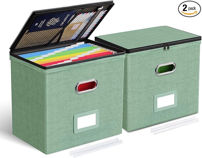 Oterri 2 Pack File Organizer Boxes with Lids, File Box with Mesh Pockets, Document Organizer Box for File Folders Letter Size, Zippers Filing Box for Home, Office, School (Green, Without Folders)