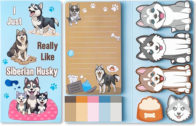Xqumoi I Just Really Like Siberian Husky Sticky Notes Set, 550 Sheets, Cute Husky Self-Stick Notes Pads Animal Divider Tabs Bundle Writing Memo Pads Page Marker Back to School Office Supplies Gift