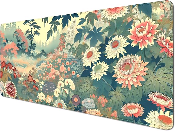 Floral Mous Pad Desk Mat,Large Aesthetic Mouse Pad Desk Pad Desktop Mat,Desk Mat for Keyboard and Mouse,Big Mousepad with Stitched Edges Non-Slip Rubber Base for Computer Office Home