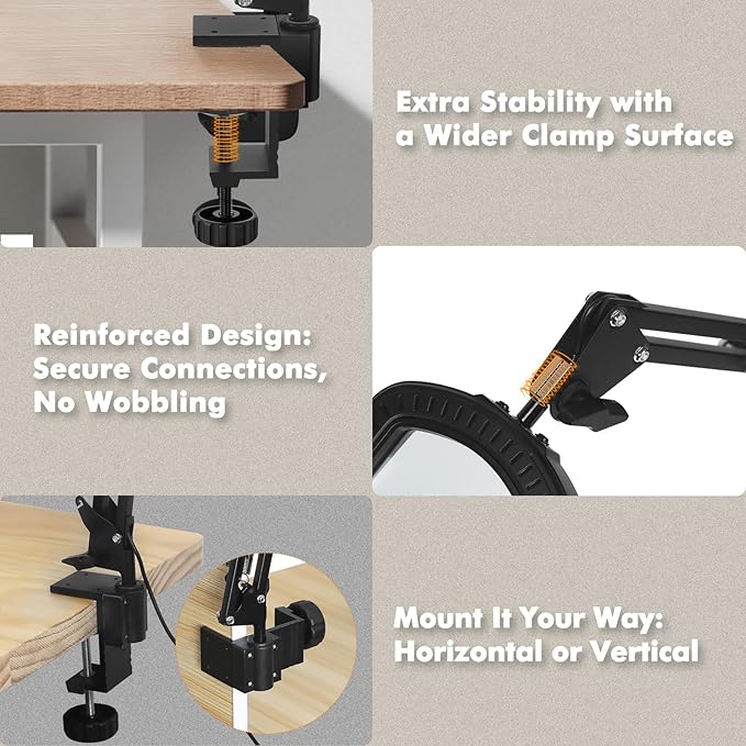 Magnifying Glass with Light Square Magnifier Desk Lamp 10X Close Up Work for Desktop Bench Crafting, Reading, Sewing, Ultra Long Swing Arm 3-Section, 5 Color Modes Design Rectangle Head Controller