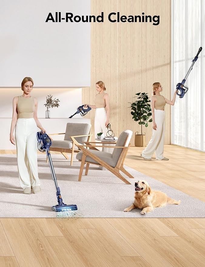 QikCln Cordless Vacuum Cleaner, 23 Kpa Powerful Suction, 1.3 L Large Capacity, 2 Modes & 30Mins Runtime, Rechargeable Stick Vacuum for Pet Hair Hardwood Carpet - Blue