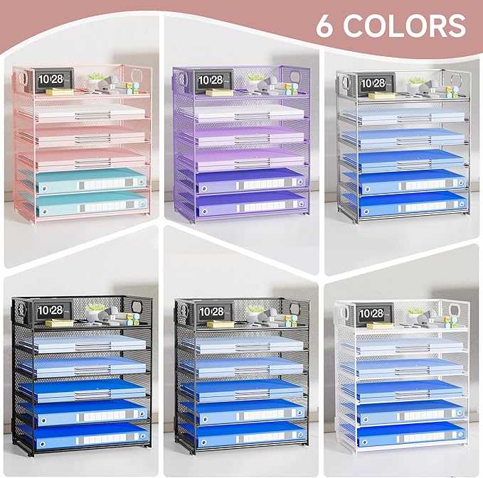 6-Tier Mesh Paper Organizer, Pink Letter Tray with Handle, Office Desk Accessories, 12.6L x 9.1W x 13.5H inches