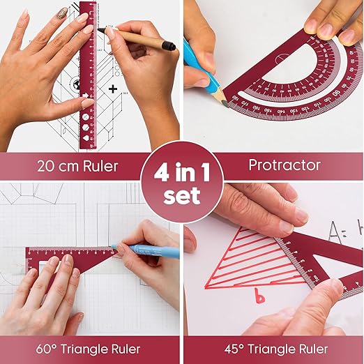 MSDADA Triangle Ruler and Protractor Set, 4 Pieces Aluminum Alloy Ruler Kit, Geometric Protractor for Student, School, Home, Office (Red, 20cm/7.87inch)