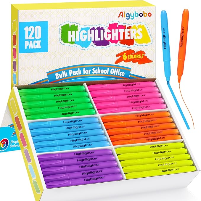 Aigybobo 120 Pack Highlighters in 6 Assorted Colors, Chisel Tip Dry-Quickly Highlighters Bulk, No Bleed Highlighter Markers for Kids Adults, Classroom Teachers Must Haves, School Office Supplies