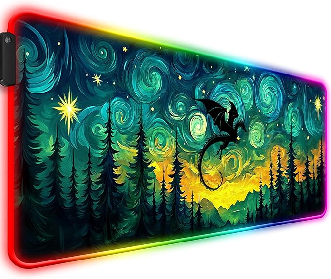 RGB Fantasy Starry Night Forest and Dragon Gaming Desk Mat, Computer Keyboard Large Extended Long LED Mouse Pad for Office and Home, XL (W05)