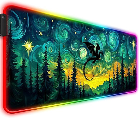 RGB Fantasy Starry Night Forest and Dragon Gaming Desk Mat, Computer Keyboard Large Extended Long LED Mouse Pad for Office and Home, XL (W05)