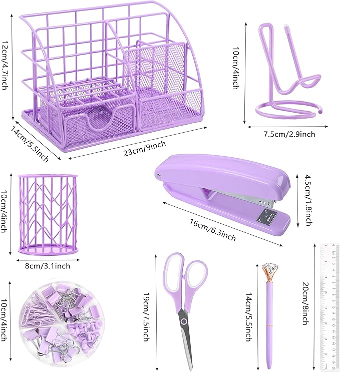 Purple Desk Organizers and Accessories Office Supplies Set Stapler, Pen Holder, Phone Holder, Scissors, Pen, Ruler, 30 Paper Clips, 22 Binder Clip, 20 Tacks and 1000pcs Staples