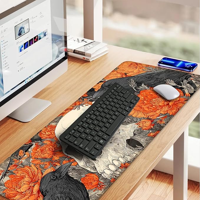 Mouse Pad Desk Mat for Desktop, Large 31.5" x 11.8" Extended Gaming Mousepad with Skull and Raven Design, Waterproof Non-Slip Rubber Base, Computer Laptop Desk Accessories for Women Men Home Office