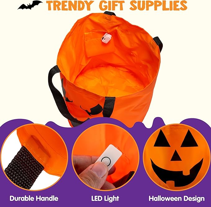 JOYIN 2 PCS Halloween Trick or Treat Bags 10 x 11.8 inches LED Light Orange Pumpkin Buckets Reusable Goody Candy Bucket for Kids Trick or Treating, Halloween Birthday Party Favor Supplies