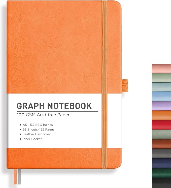 RETTACY Graph Grid Paper Notebook, 192 Pages, A5 Medium Size (5.7'' x 8.3''), 5 Squares per Inch, Leather Hardcover, 100 GSM Thick Paper, for School, Students, Math, Engineering (Orange)