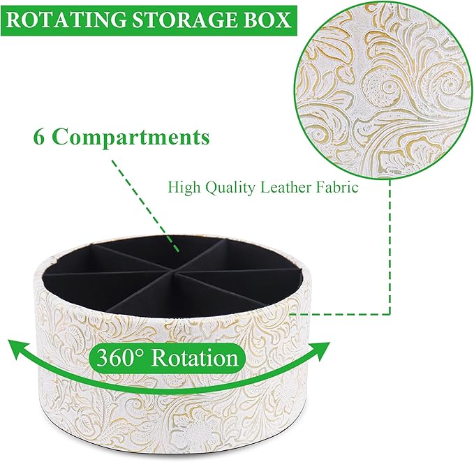 lizimandu Remote Control Holder, 360°Spinning PU Leather Desk TV Remote Caddy,Desk Storage Box Room Accessories for Controller, Media,Mail,Calculator, Mobile Phone,Pencil(1B-Carved White Gold)